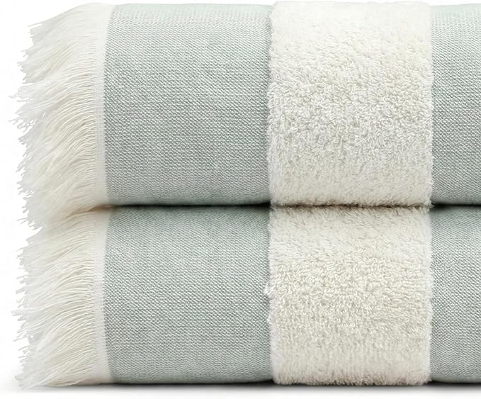 Lightweight Turkish Beach Towel - 100% BCI Cotton, Unbleached Raw Fringe, Oeko-TEX Certified, Absorbent, Eco-Friendly, 36x66”, Sea Green & Natural Stripes, Portable Sarong Blanket for Pool, Travel