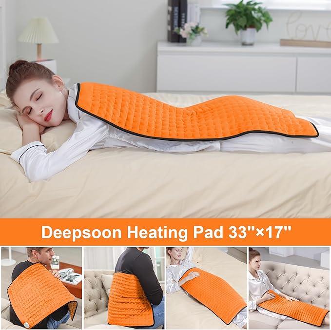 Deepsoon Heating Pad,Electric Heating Pads for Back,Neck,Moist Heating Pad for Abdomen Shoulder Knee Legs,Dry/Moist Heat&Auto Shut Off,Mother's Day Birthday for Men and Women,Orange Black,33x17 Inch