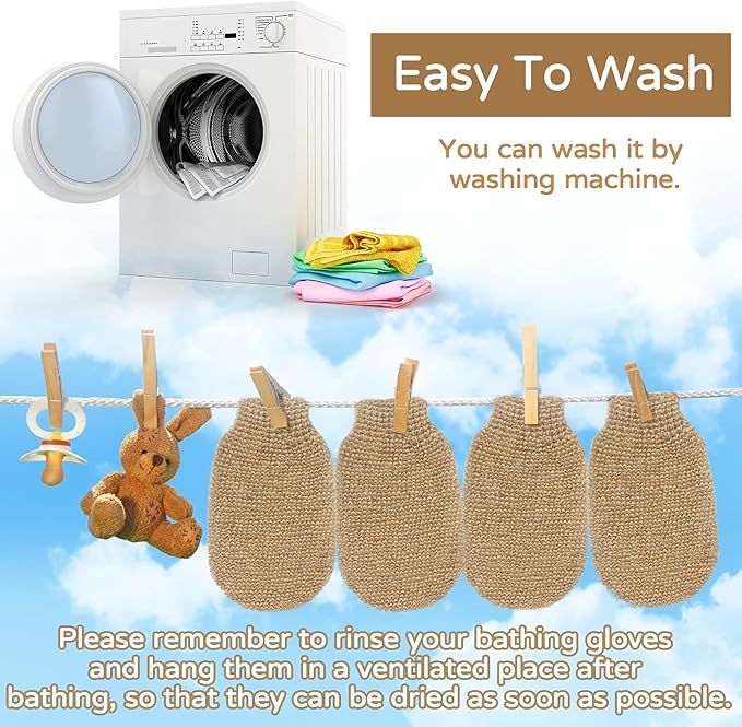 4 Pieces Bath Mitt Loofah Shower Gloves Natural Exfoliating Hemp Scrubbing Mitt Bath Sponge Shower for Women Men Scrubber Machine Washable Double Sided Available