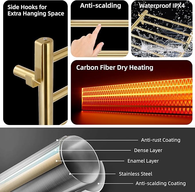 P&Dlusir Towel Warmer, Heated Towel Rack with Smart Timer and Thermo Control, Wall-Mounted Heated Towel Rail, Stainless Steel, Hard-Wired/Plug-in, Brushed Gold, 5 bar