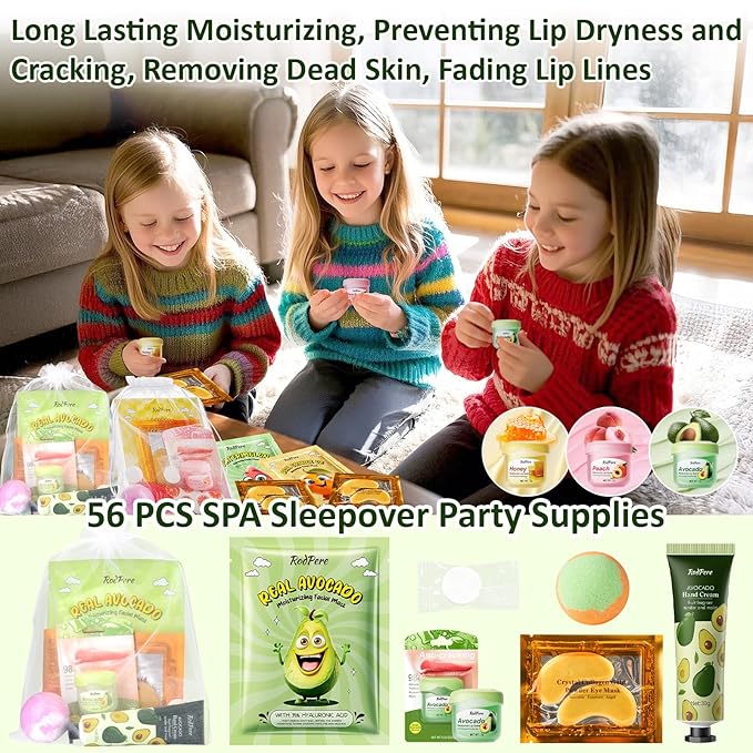 56PCS Spa Party Supplies For Girls, Spa Birthday Party Favors For 8 People, Spa Day Kit With Bath Bombs, Eye Mask, Lip Balm, Face Mask, Hand Cream, Compressed Towel, Gift Bag, Sleepover Spa Gift Set