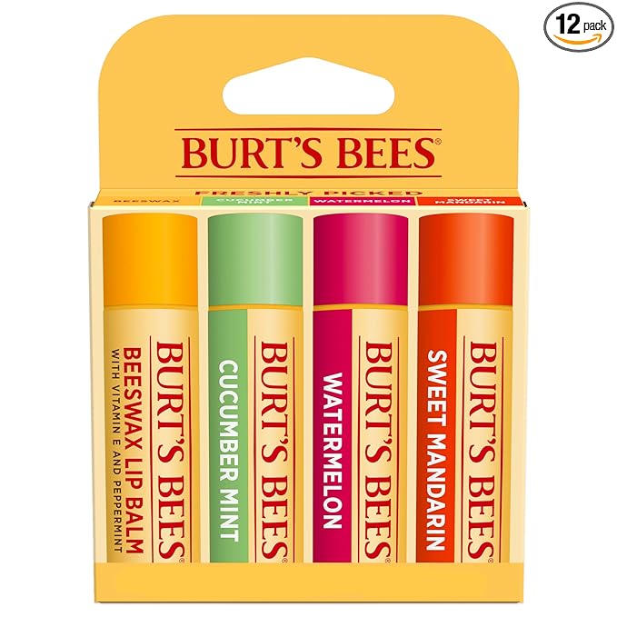 Burt's Bees Lip Balm - Original Beeswax, Cucumber Mint, Watermelon & Sweet Mandarin, With Responsibly Sourced Beeswax, Tint-Free, Natural Origin Treatment, 4 Tubes, 0.15 oz. (Pack of 12)