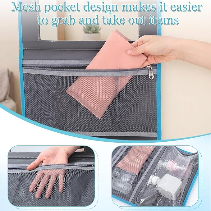 Travel Hanging Toiletry Bag with Mirror Leather Travel Hanging Mirror Foldable Dance Competition Makeup Bag Backstage Cosmetic Organizer for Traveling Dancers Spa(Glitter,Blue)