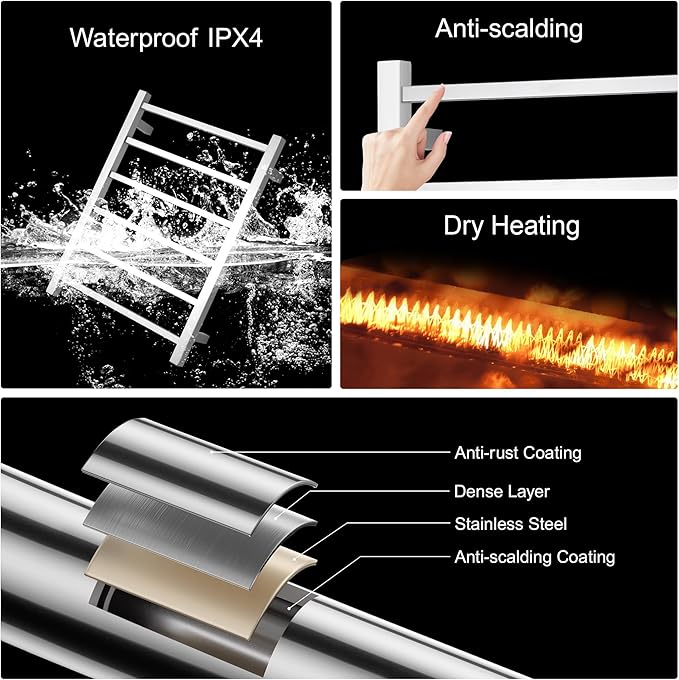 Electric Heated Towel Warmer - Wall Mounted Bathroom Towel Rack, Plug-in Design & Brushed Stainless Steel 6 Bar Brushed with Single Press