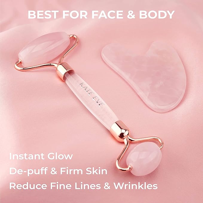 Kate Eve Rose Quartz Face Roller & Gua Sha Set – Luxury Facial Spa Gift for Mom | 100% Natural Brazilian Rose Quartz | De-Puffing Skincare Tool for Women