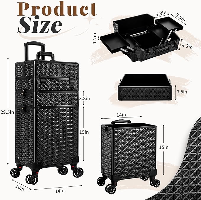 3 in 1 Rolling Makeup Train Case Professional Large Cosmetic Trolley Cosmetology Case on Wheels Traveling Cart Trunk for Hairstylist Artist Nail Beauty Salon Barber, Black