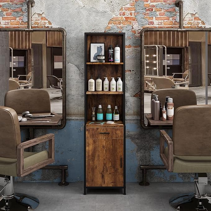 RESHABLE Industrial Salon Station with 3-Tier Storage Shelf, Cabinets and Storage for Hair Stylist, Beauty Spa Equipment, Rustic Brown
