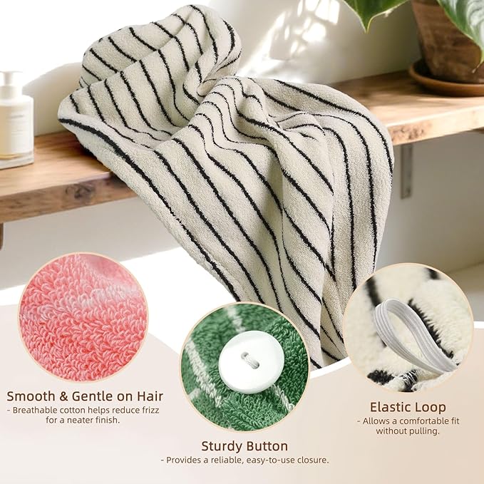 Jacquotha Cotton Hair Towels Wrap for Women, 3 Pack (Black, Pink, Green) – Quick Drying Hair Turban Towel for Wet Hair, 25” x 9.5”, Shower Spa Travel