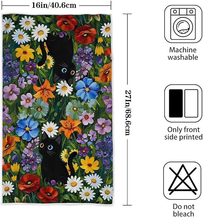 Accnicc 2 Pack Black Cat Bathroom Hand Towels Decorative Green Plant Daisy Floral Dish Kitchen Towel 16x27 Inch Cute Botanical Absorbent Soft Microfiber Bath Towels Hotel Spa
