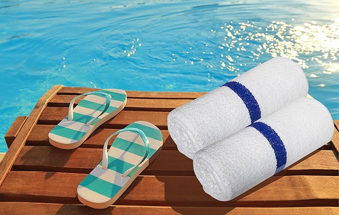 Avalon Towels 100% Cotton Pool Towels White Beach Towels Blue Stripe Pack of 12 (22x44 Inches) - Quick Drying, Highly Absorbent & Lightweight for Commercial Use for Hotels, Motels, Beaches & Poolside