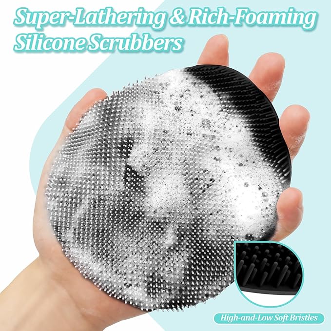 Silicone Back Scrubber & Bath Glove Set 2PCS, 13.4'' Gentle Shower Back Scrubber with Dual-Side Head Non-Slip Handle, 360° Anti-Slip Hand-fit Bath Glove for Rich Foaming Deep Cleaning(Black)