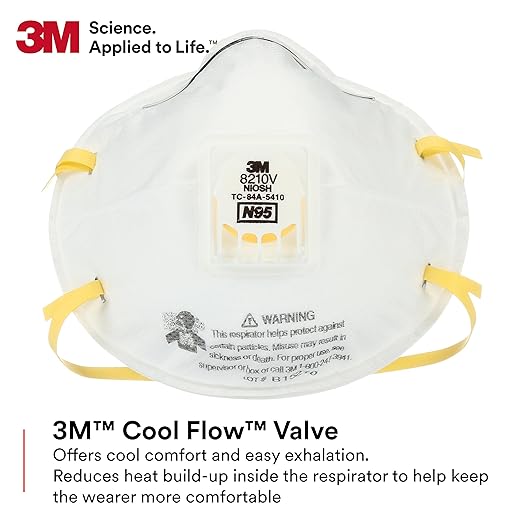 3M Particulate Respirator 8210V with Cool Flow Valve, Pack of 80, NIOSH APPROVED, Disposable, Smoke, Grinding, Sanding, Sawing, Sweeping, Woodworking, Dust