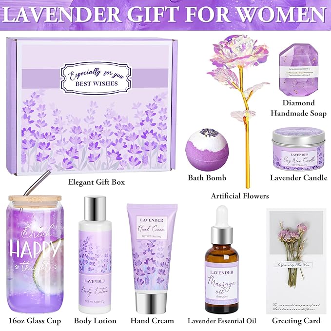 Mothers Day Gifts for Mom, Lavender Gift Baskets, Birthday Gifts for Women, Bath and Body Relaxing Spa Self Care Care Package Home Spa Bath Gift for Mom Sister Wife Female Friends Coworker Employee