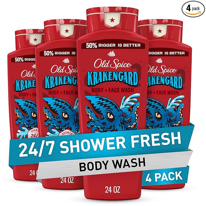 Old Spice Cleansing Body Wash for Men, 3X Defense, 24/7 Shower Fresh with Lasting Scent, 2-in-1 Body & Face Wash, Krakengard with Deep Ocean Scent, 24 oz (Pack of 4)