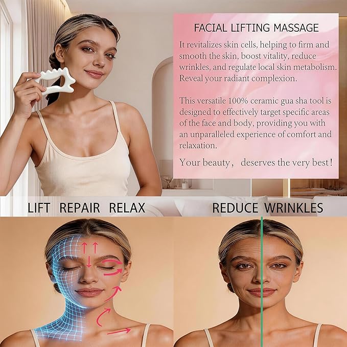 Ceramic Gua Sha Facial Tools Lymphatic Drainage Massager Body Guasha Tool for Face Lift Contour Sculpting Beauty Skincare Fascia Reshape Anti Cellulite Spa and Full Body Skin Care