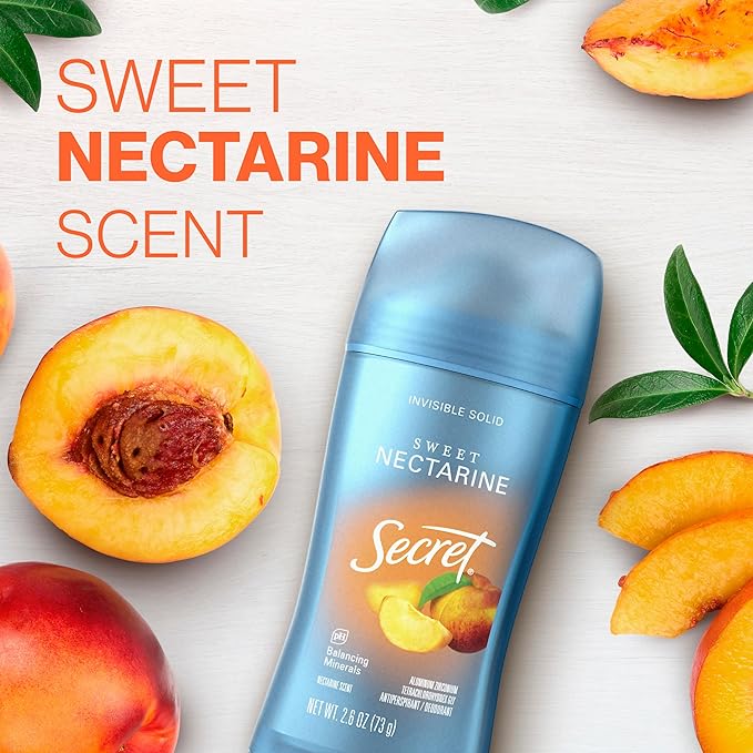 Secret Fresh Antiperspirant Deodorant for Women, 72hr Breathable Sweat & Odor Protection, Instant Freshness & Gentle, PH Balancing Minerals, Invisible Solid, Sweet Nectarine Scent, 2.6 oz
