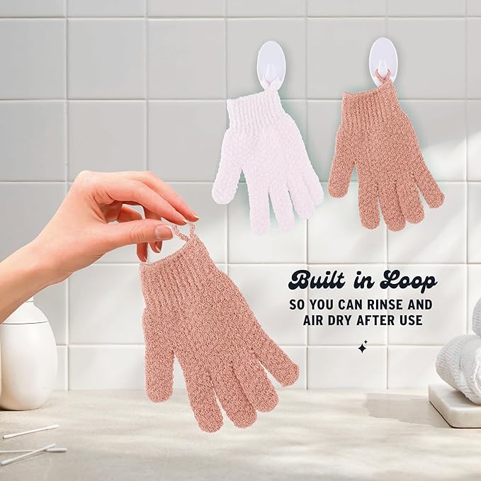 4 Pairs Exfoliating Gloves, 100% Nylon, Dual Texture Body Scrub for Spa, Massage & Dead Skin Removal, Multi-Color Shower Bath Accessories (Blush/Rose Gold)