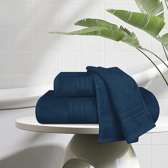 BOUTIQUO Ultra Soft 3 Pack Cotton Towel Set, Contains a Bath Towels 28x55 inch, a Hand Towels 16x24 inch & a Wash Coths 12x12 inch, Ideal Everyday use, Compact & Lightweight - Mineral Blue