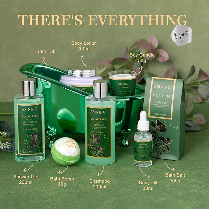 Home Spa Gift Basket - Eucalyptus- Luxurious 9pc Bath & Body Set For Men & Women, Contains Shower Gel, Shampoo, Scents Lotion, Body Oil, Bath Salt, flowers Bath Bomb, Spa Basket
