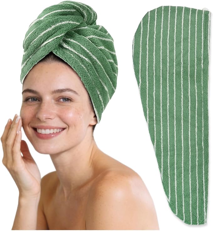 Jacquotha Cotton Hair Towel Wrap for Women (Green Striped) – Soft Absorbent Quick Drying Hair Turban for Wet Hair, 25” x 9.5”, 1 Pack