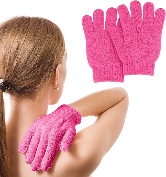 MOLOPPO 2 PCS Exfoliating Glove, Scrub Gloves Exfoliating, loofah, Body Exfoliator, Bath Gloves（Pink Red）