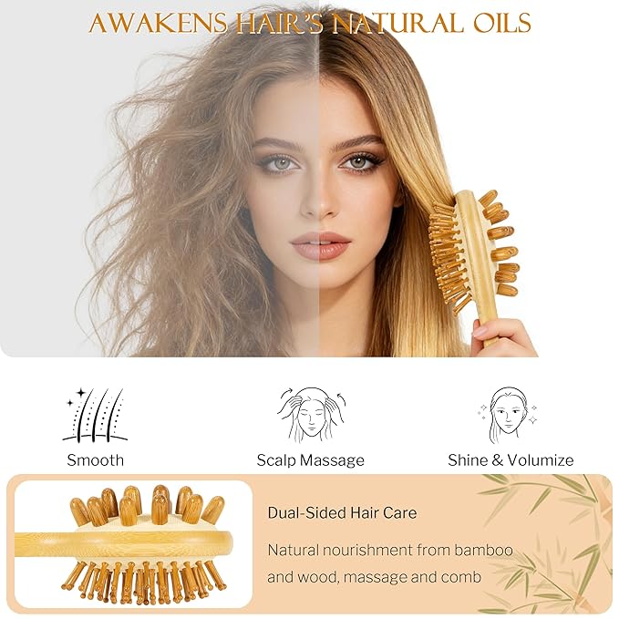 STYLEMATE 2-in-1 Mini Bamboo Hair Brush for Women Kids, Small Scalp Massager Hair Growth, Natural Wooden Detangling Toddler Brush and Massaging Scalp