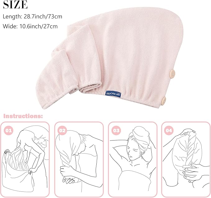 Hair Towel Wrap 2 Pack for Women,Super Absorbent Ant Cloth Fabric Hair Drying Turban Towel, Quick Dry Hair Towels with Buttons for Long Wet Curly Hair. (Pink)