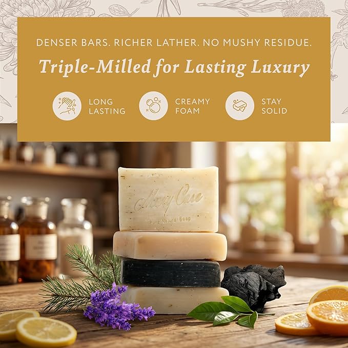 Mary Case Goat Milk Variety Bar Soap Set of 4 | Lavender, Pine Tar, Tea Tree & Charcoal Natural Soaps with Olive & Coconut Oils | Bath Soap for Men & Women | Hydrating, Purifying & Nourishing Skin