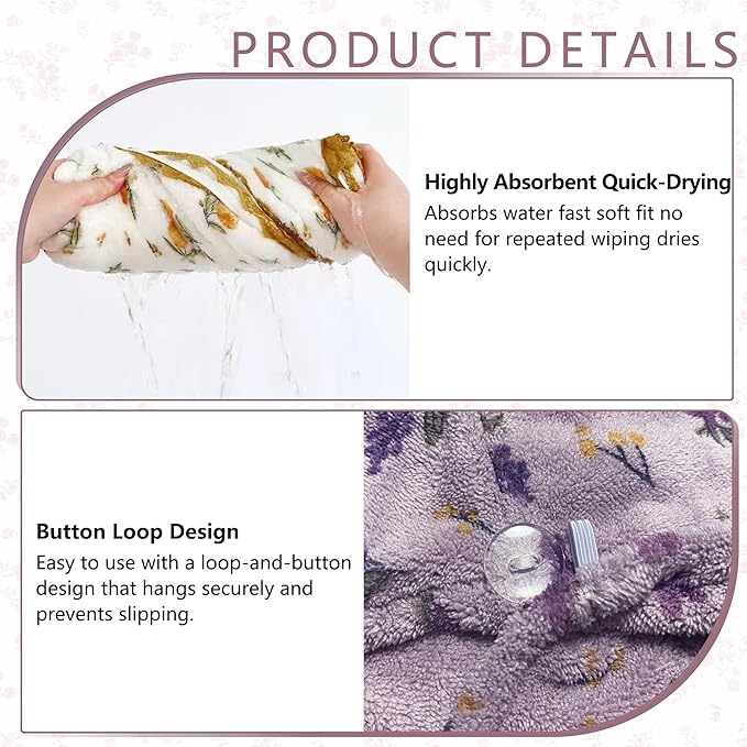 3 PCS Hair Towel Wrap Cute Pastel Floral Print Microfiber Fleece Hair Drying Towel Cap Soft Quick Dry for Women Bath Spa (Flower)