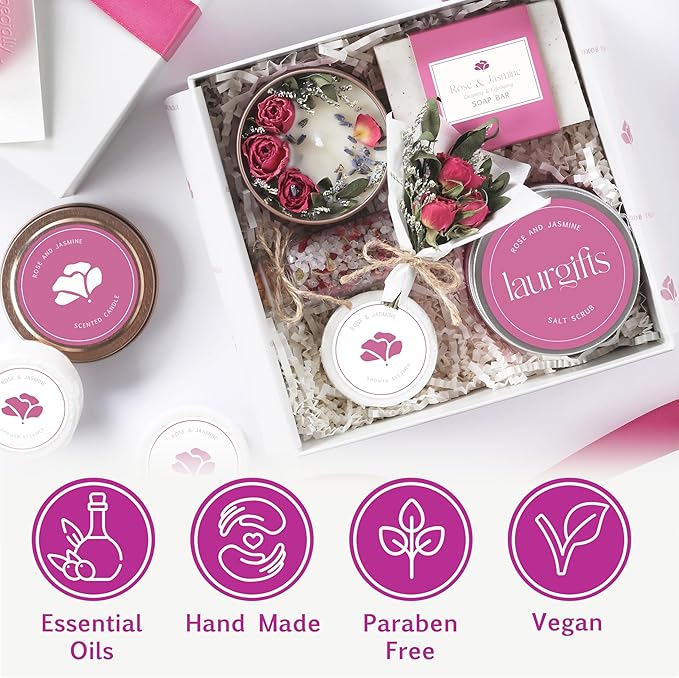 Mothers Day Spa Gift Set for Women – Rose & Jasmine Candle Gift Set with Bath Treats, Relaxing Self Care Basket, Birthday Gift for Mom or Friend