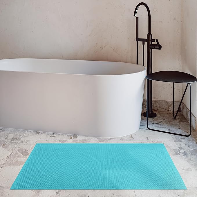 Cotton Paradise 100% Cotton Non Slip Bath Mats for Bathroom, 20x34 inch Soft Absorbent Quick Dry Machine Washable Floor Bath Mat, Turquoise Bath Rug