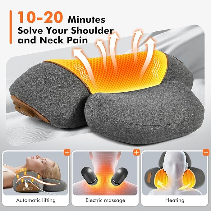 Neck Pillow - 3-in-1 Neck Massage Pillow with Battery for Shoulder Pain Relief, Deep Tissue Pain Relief with Heat and Stretching, Neck Hump Corrector for Women, Travel Pillow