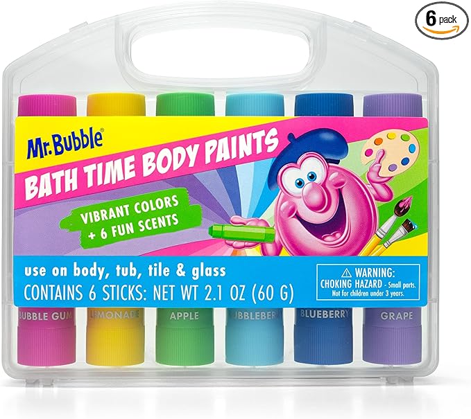 Mr. Bubble Bath Time Body Paints – 6-Color Washable Bath Paint Sticks with Gentle, Kid-Safe Formula – Fun Tub Time Art Set with Scented Colors & Carrying Case