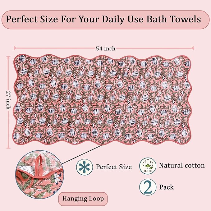 Ridhi Block Print Dark Salmon Cotton Spa/Beach Towel 27"x54" Set of 2 Handmade Bath Towel, Quick Dry Turkish Style Bath, Soft Absorbent Luxury Towel for Home, Gym & Spa, Boho Bathroom Décor