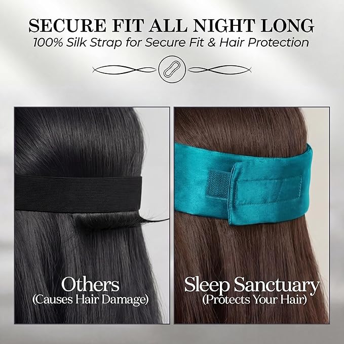 SLEEP SANCTUARY 100% Pure Mulberry Silk Sleep Mask - 22 Momme Light Blocking Hook & Loop Silk Eye Mask for Sleeping - Secure Fit for Side Sleepers, Women & Men - Cloud Soft (Peacock Blue)