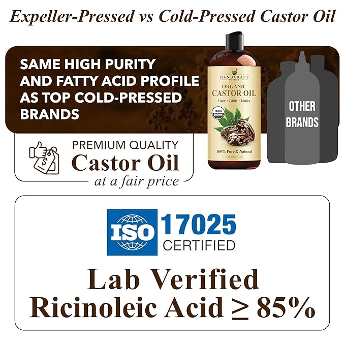 Handcraft Blends Organic Castor Oil 16 Fl Oz | Roll on Bottle | 100% Pure and Natural | Premium Grade Carrier Oil | Hair, Eyelashes and Eyebrows | Hair and Body | Expeller-Pressed | Hexane-Free
