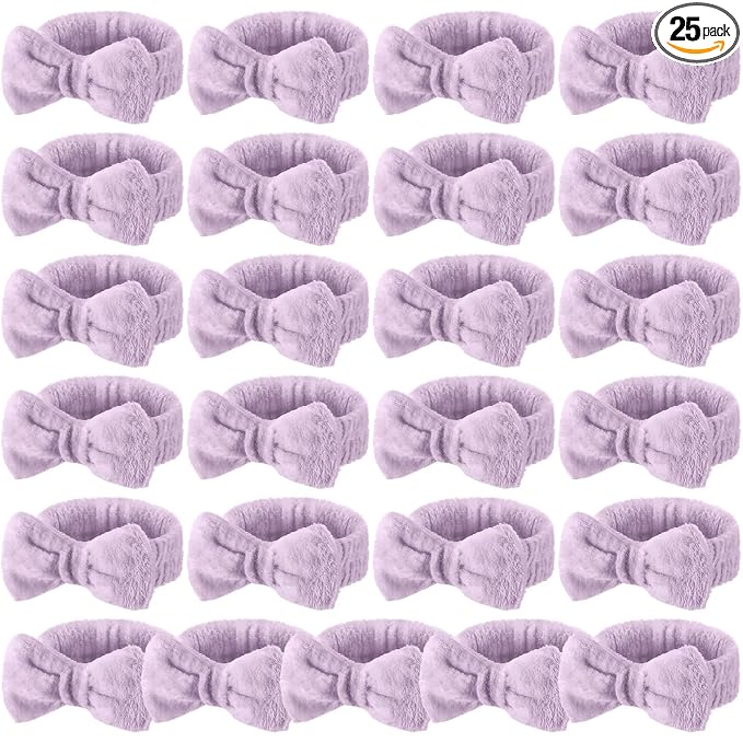 25 Pcs Spa Headband Bulk Makeup Headbands for Washing Face Cute Bow Hairbands Soft Coral Fleece Hairbands for Women Face Skin Care Makeup Spa Gift Shower Yoga (Classic Pattern,Purple)