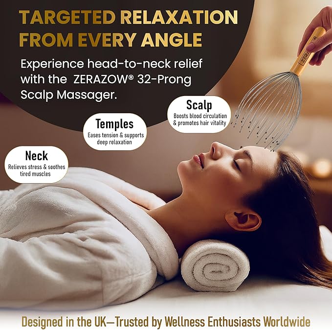 ZERAZOW® Scalp Massager with 32-Prong, Head Massager Scalp Massage Tool for Relaxation, Beech Wood Head Scratcher, Scalp Scratcher for Head Massage, Scalp Stimulator, Mother’s Day Gifts for Women/Men