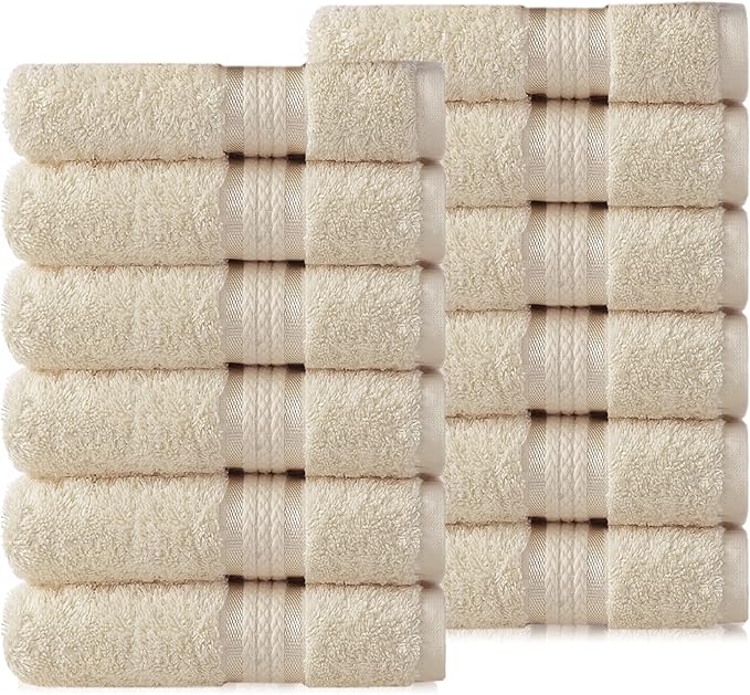 Cotton Craft Ultra Soft 12 Pack Wash Cloths 12x12 Ivory Weighs 2 Ounces Each - 100% Pure Ringspun Cotton - Luxurious Rayon Trim - Ideal for Everyday use - Easy Care Machine wash