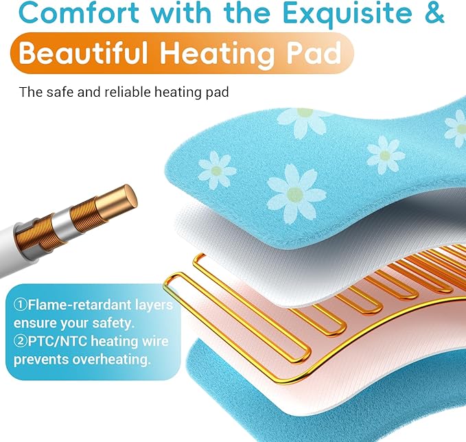 Comfytemp Extra Large Heating Pad for Back & Period, 33''x 17'' King Size Heat Pad Soft and Stylish, Electric XL Shoulder/Neck/Knee Heated Pad, Washable (Blue & Daisy Print)