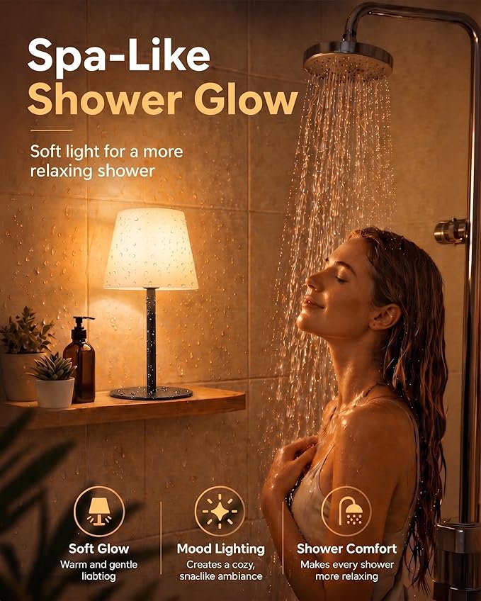 EZVALO Spa-Like Shower Lamp – IP65 Waterproof Bathroom Lamp, Rechargeable Cordless Mood Light, 3 Color Temps for Relaxing Bathroom & Bathtub Experience 2 Pack (Black)