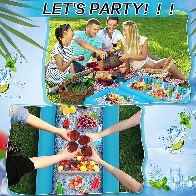 Leitee 4 Pcs Inflatable Ice Serving Bars Buffet Serving Tray Drink Cooler for Pool Party Inflatable Ice Tray Floating Food Drink Containers with Drain Plug and a Hand Pump, 2 Sizes (Blue)