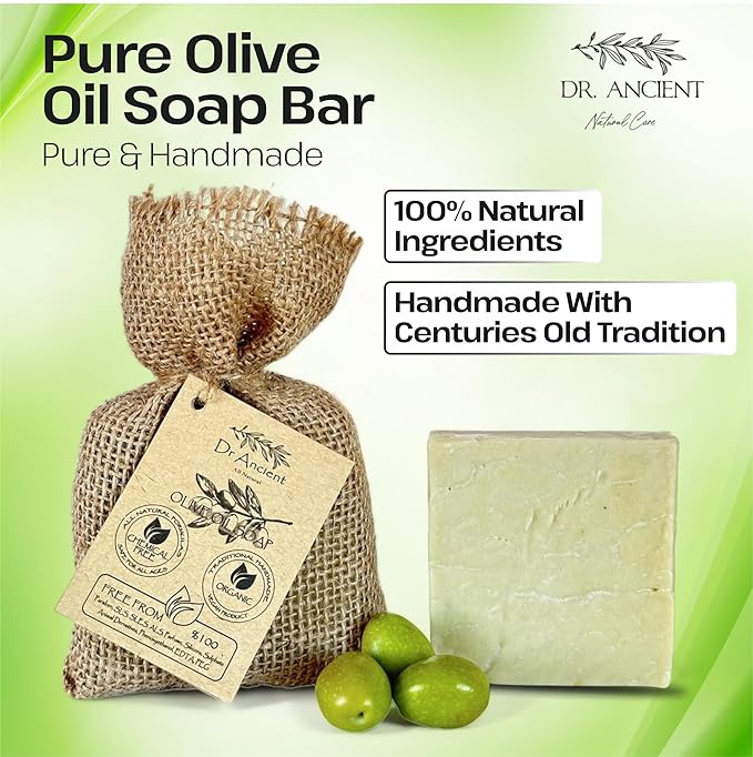 Dr.Ancient Olive Oil Soap Bar, Organic Soap Bars Handcrafted the Traditional Way, Natural Chemical-Free, Vegan, Used for Face Wash, Body Wash, Hand Cleansing and Skin Care, Gentle Cleanser