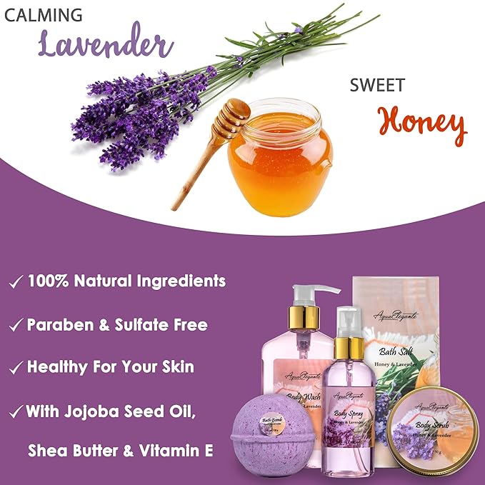 Aqua Elegante Bath Spa Gift Set - 15 Piece Premium Basket with Wash, Bubble Bath, Lotion, Salts, Body Scrub, Towel, Shower Puff, Bathbombs, Reusable Basket, Gifts for Women - Honey & Lavender
