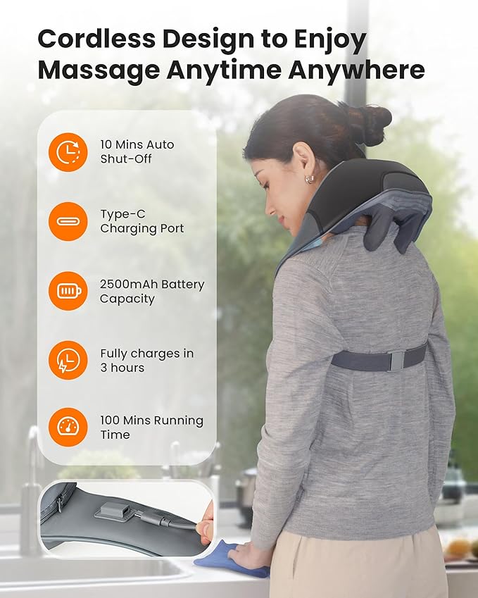 CILI Cordless Neck Massager with Heat, 4D Shiatsu Shoulder Back Deep Tissue, Neck Back Massager Pillow, Wider Massage Head & More Heating Area