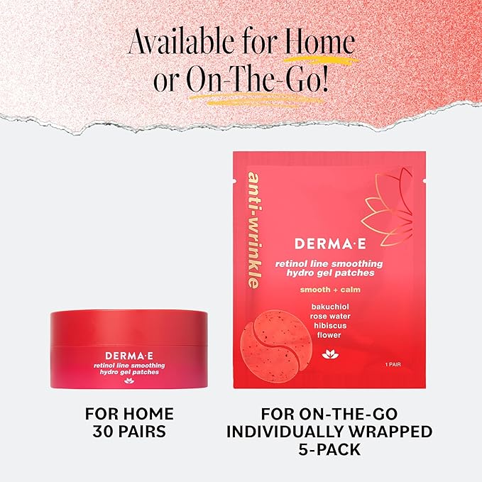 Derma E Retinol + Bakuchiol Under Eye Patches (30 Pairs) Non-Irritating, Line Smoothing Hydro Gel Eye Patches with Rose Water & Real Hibiscus Petals, Helps Reduce Fine Lines, Crow's Feet, 60ct