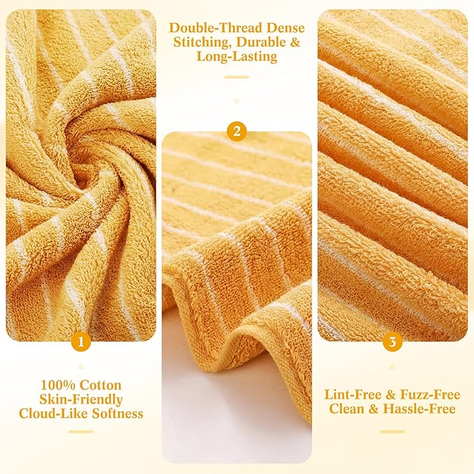 6 Pcs Large Bath Towels Set 28x55 Inch Soft Cotton Towels for Bathroom Striped Towel Set Highly Absorbent & Quick Dry Towel for Spa Gym 2 Bath, 2 Hand, 2 Washcloth (Blue, Yellow)