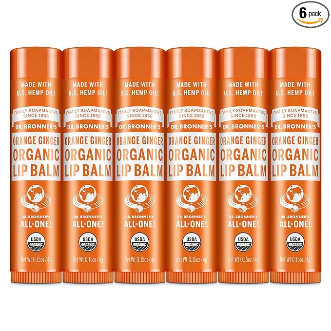 Dr. Bronner’s Organic Lip Balm 6-Pack (.15oz) Natural, Moisturizing, Petroleum-Free Lip Balm with Beeswax & Avocado Oil for Dry Lips, Men & Women - Orange Ginger