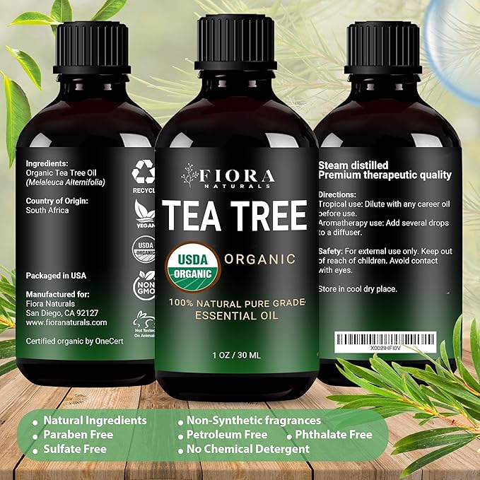 Tea Tree Oil – 100% Pure Organic Tea Tree Essential Oil for Skin, Face, Hair, Scalp, Nails, and Toenail – Therapeutic Grade Tree Tea Oil for Acne & Hair Growth – 1 fl oz - By Fiora Naturals