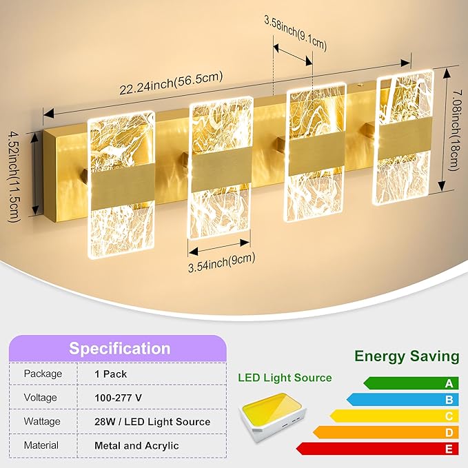 Modern LED Bathroom Light Fixtures Dimmable 4-Light Gold Vanity Light, 5CCT Adjustable Lighting Fixture Vanity Lights Over Mirror, Smoked Acrylic LED Vanity Lights for Bathroom